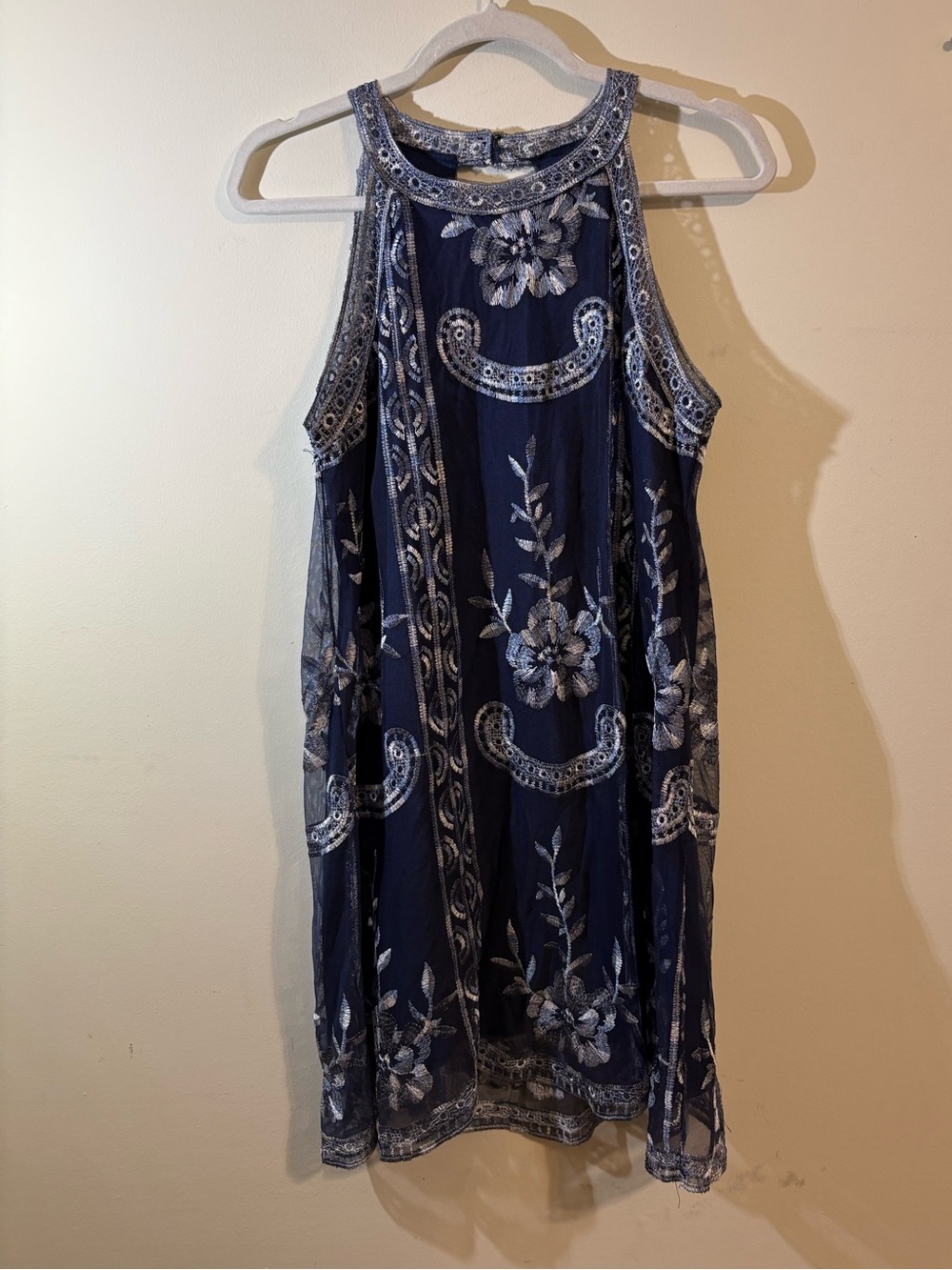 Altar'd State Dress small blue silver embroidered lace high neck sleeveless.‎